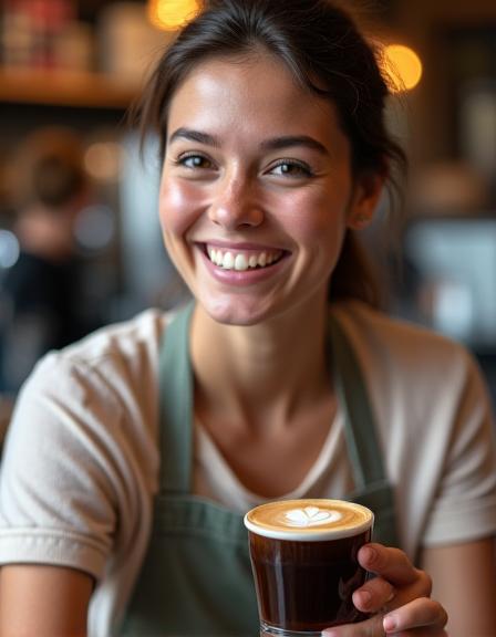 A smiling barista serving a coffee.