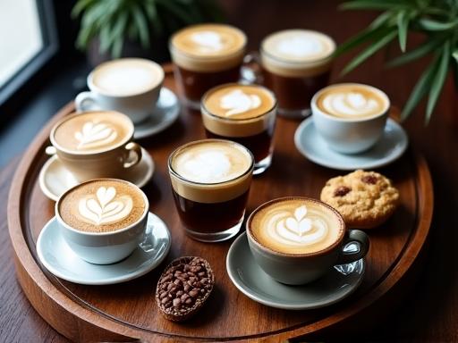 A selection of various coffee drinks on a tray.