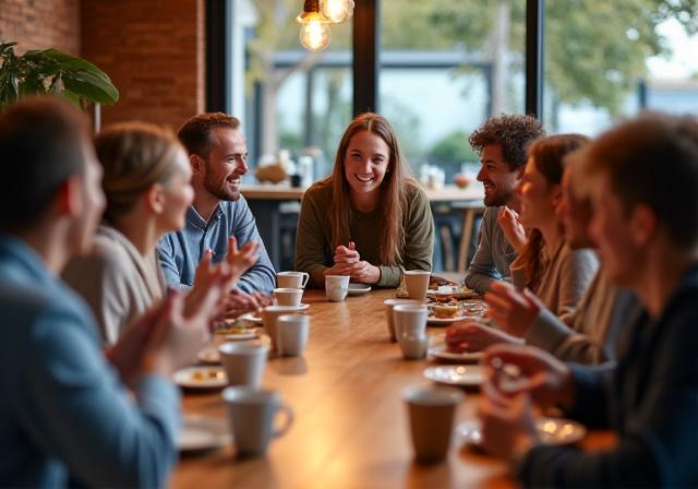 A group of friends laughing around a large wooden table inside Kestrel Cafe.
