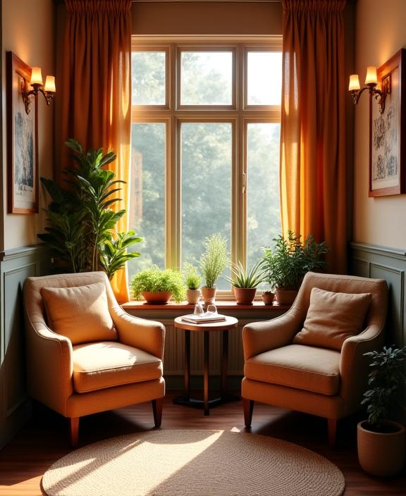 A cozy corner of Kestrel Cafe with comfortable armchairs and warm lighting.