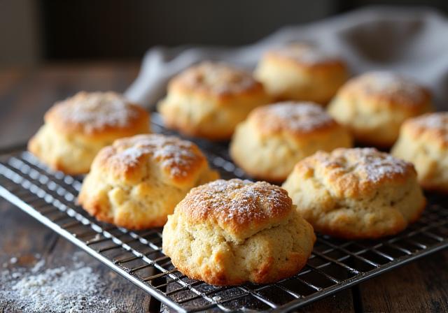 Freshly baked scones cooling on a rack.