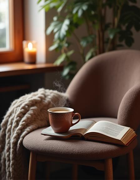 A cozy reading corner with books and a steaming mug.