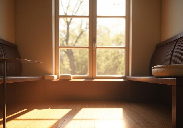 Sunlight streaming through the front window onto an empty window seat.